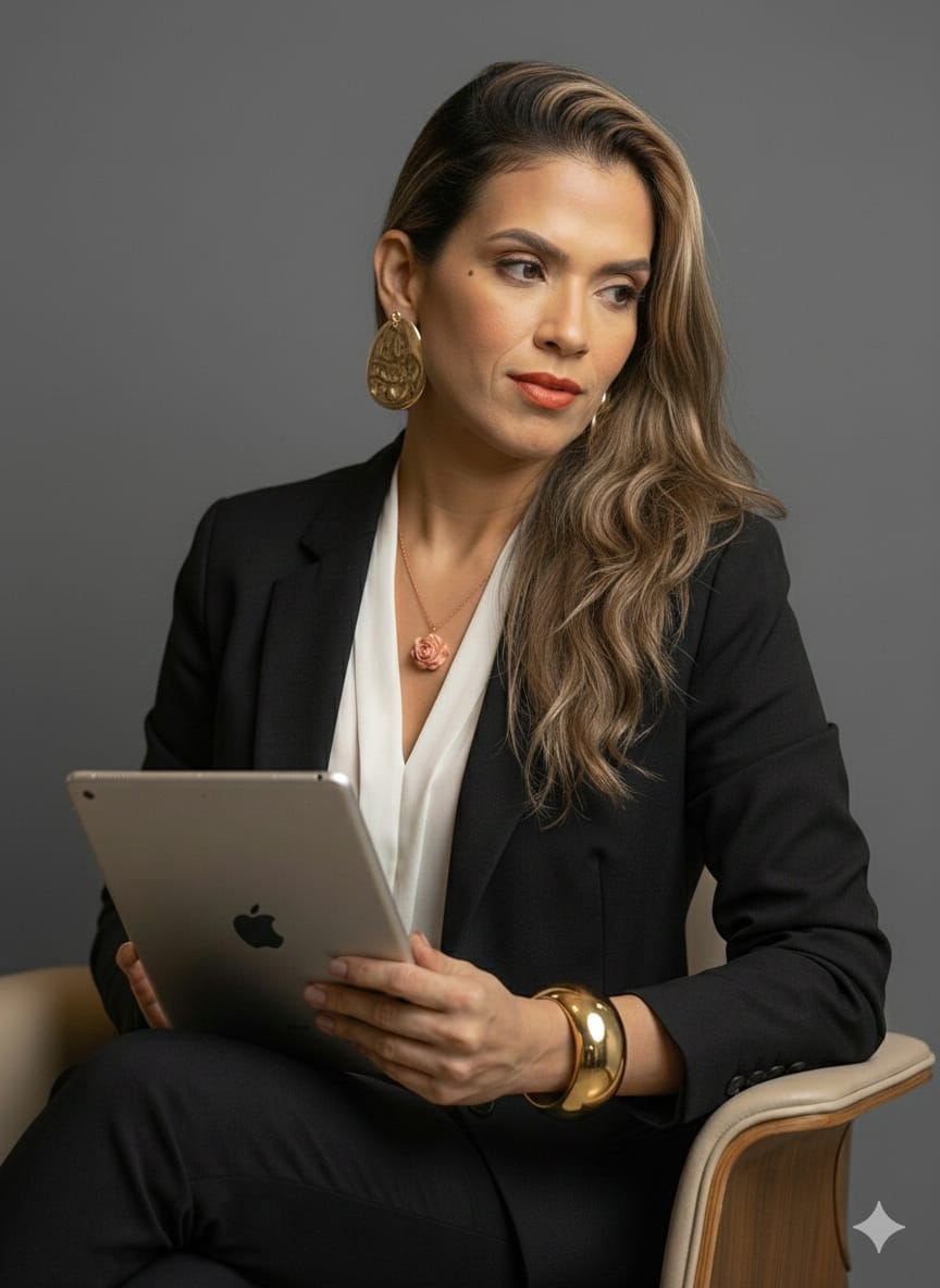 Silvia Aguiar, estrategista de imagem, com blazer preto e tablet