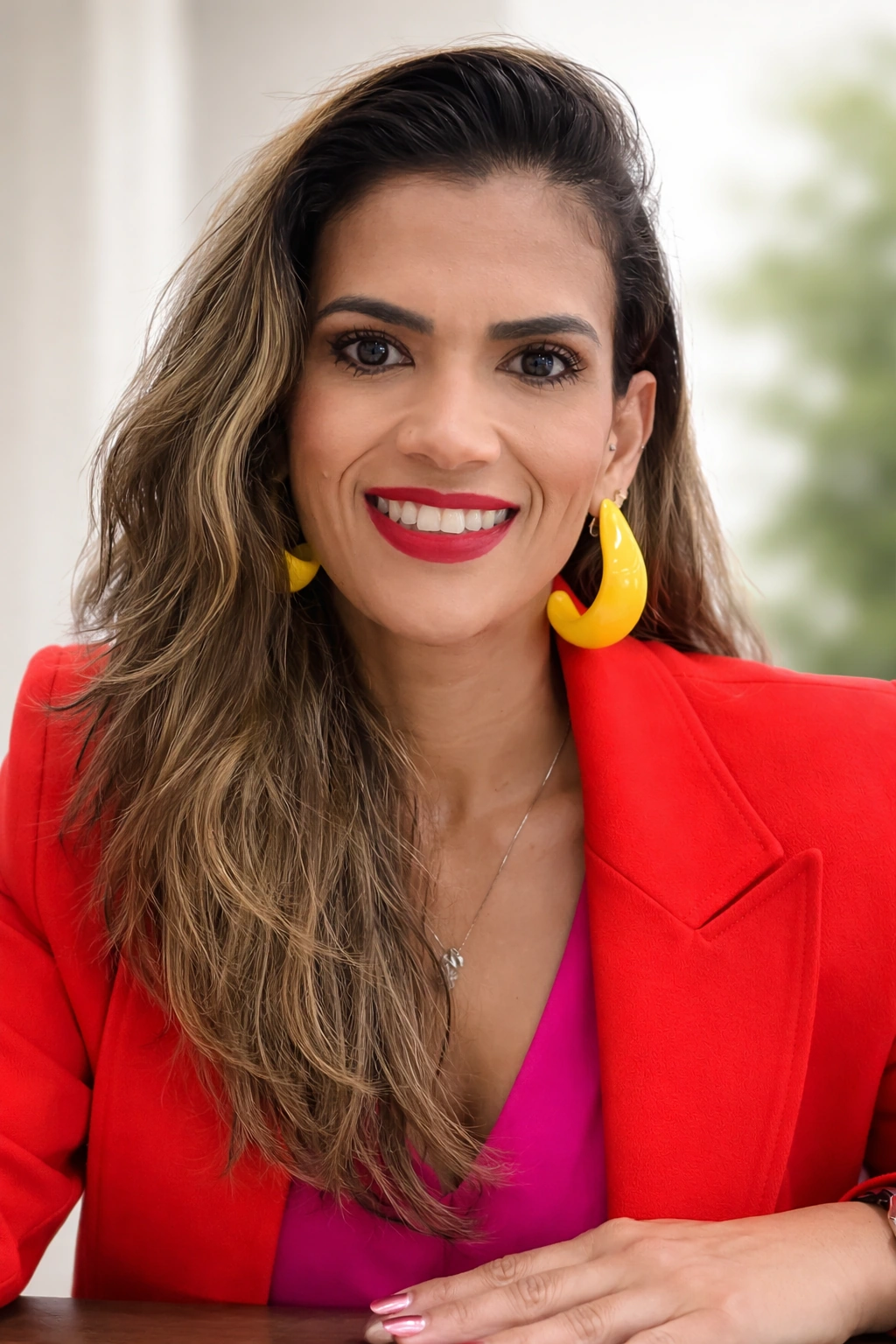 Silvia Aguiar sorrindo, com blazer vermelho e brincos amarelos